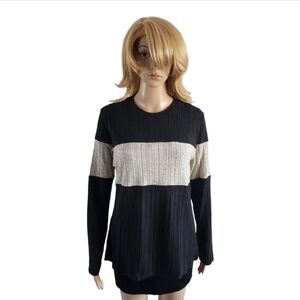 2/25$ Minimalist Two-Tone Ribbed Long Sleeve Top, Black/Beige Colorblock,Size XL